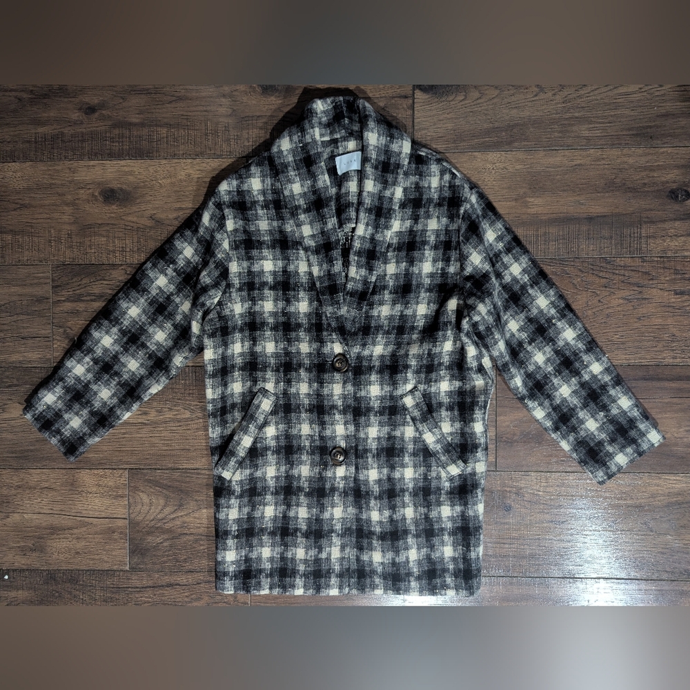 Lush Women's Wool Blend Black & Gray Plaid Gold Specks Pea Coat Jacket Classic S